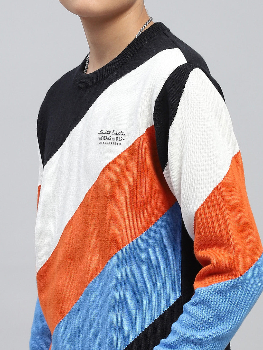 Boys Navy Blue Self Design Round Neck Full Sleeve Pullover