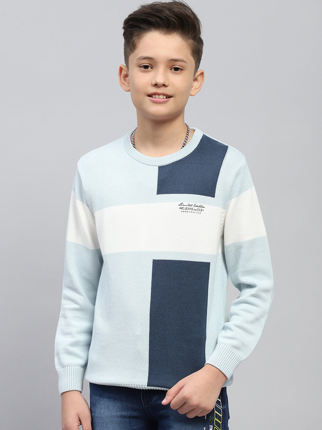 Buy Boys Blue Self Design Round Neck Full Sleeve Pullover Online