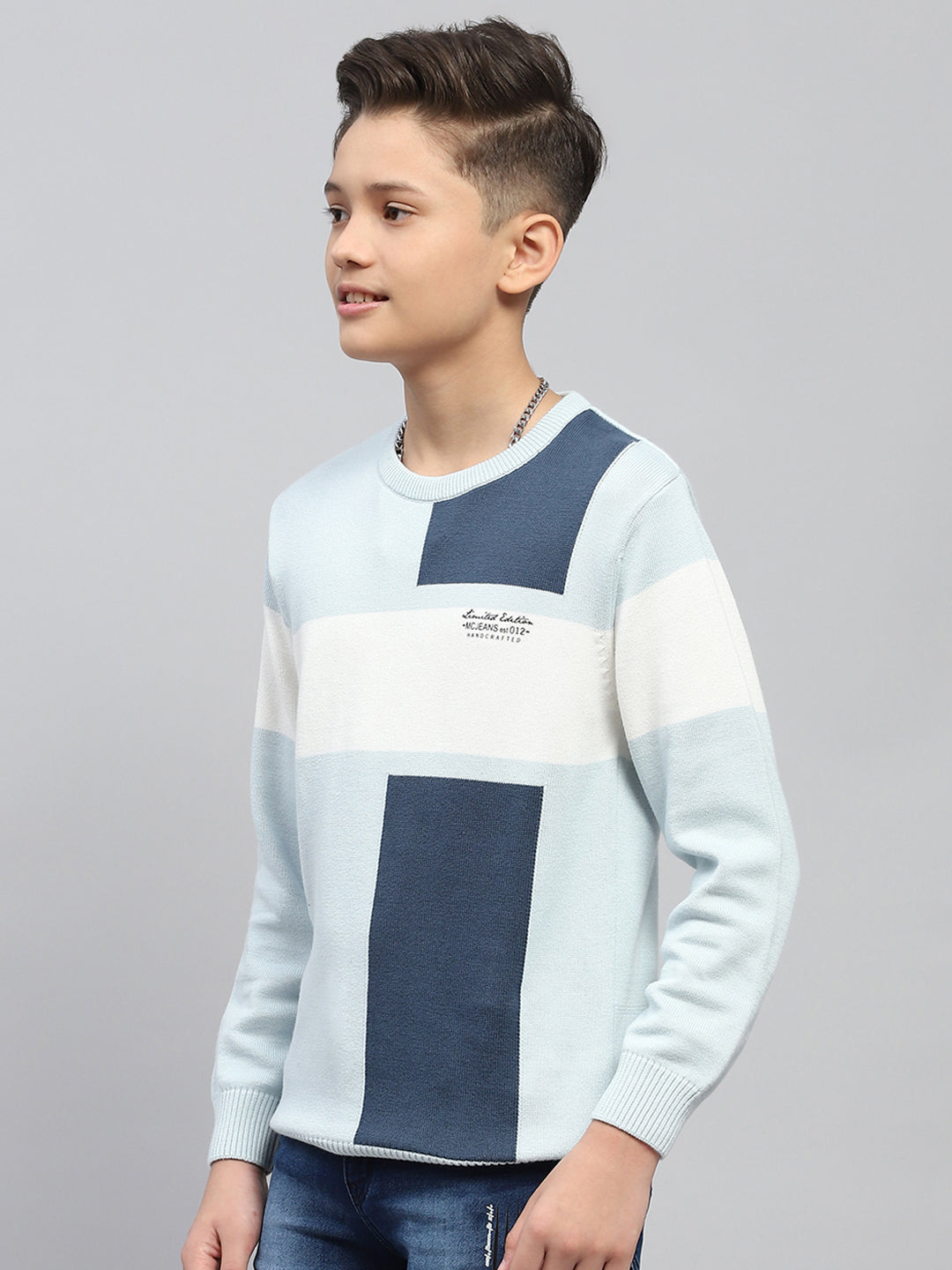 Boys Blue Self Design Round Neck Full Sleeve Pullover