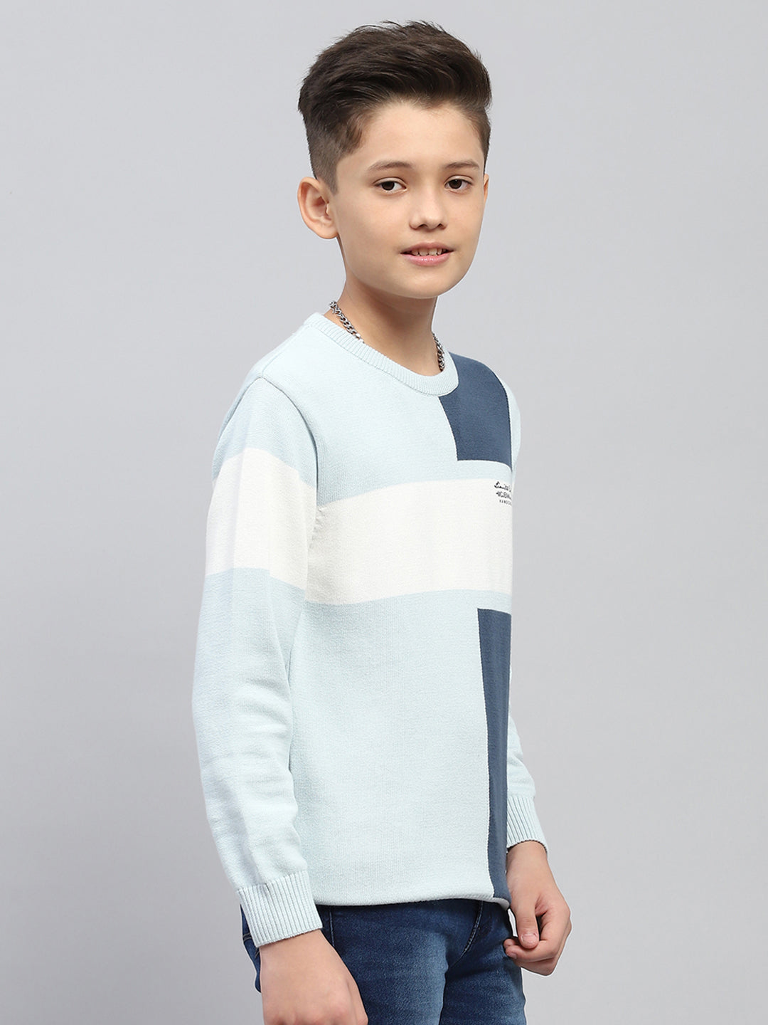 Boys Blue Self Design Round Neck Full Sleeve Pullover