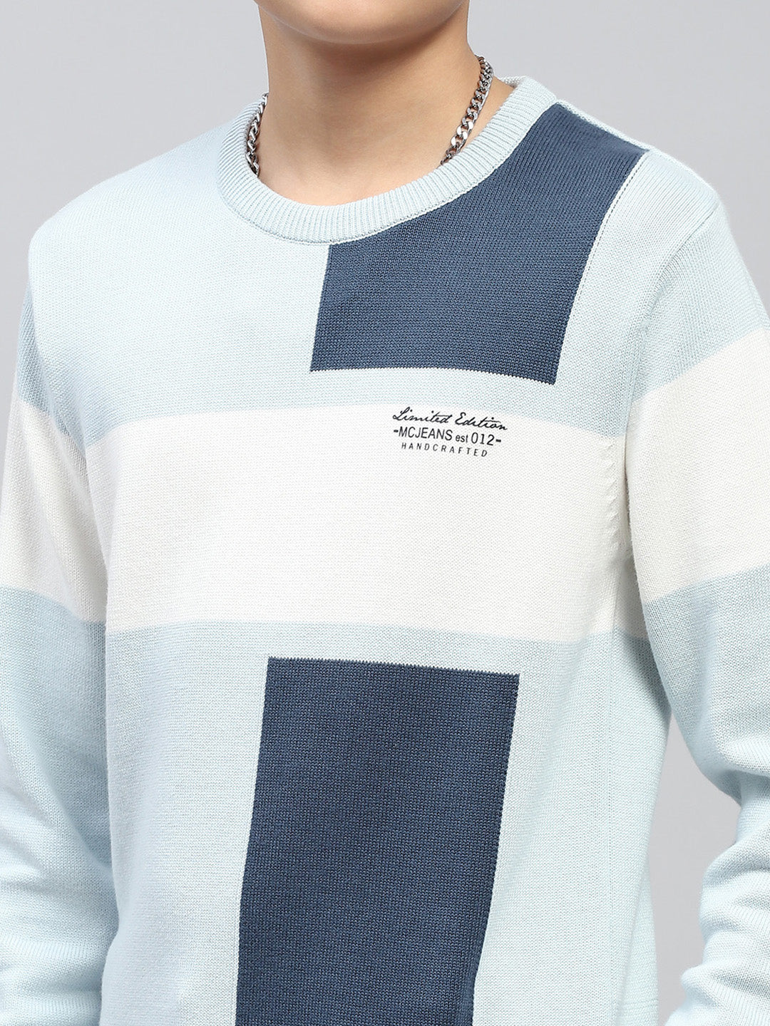 Boys Blue Self Design Round Neck Full Sleeve Pullover