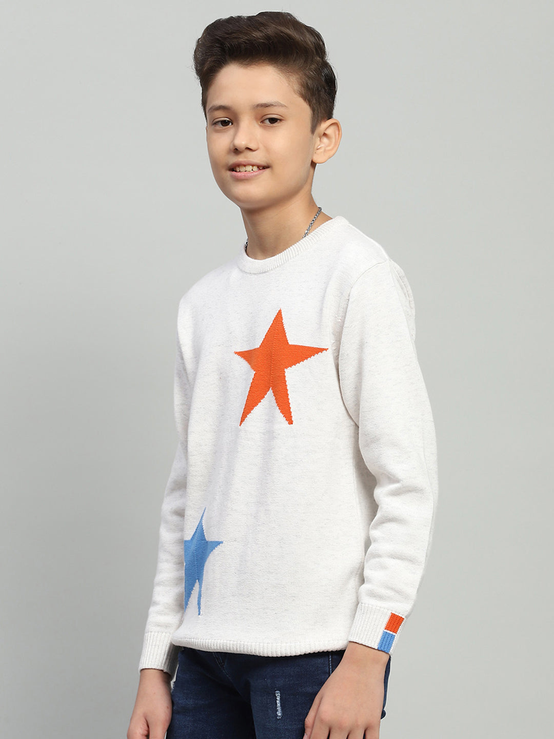 Boys White Self Design Round Neck Full Sleeve Pullover