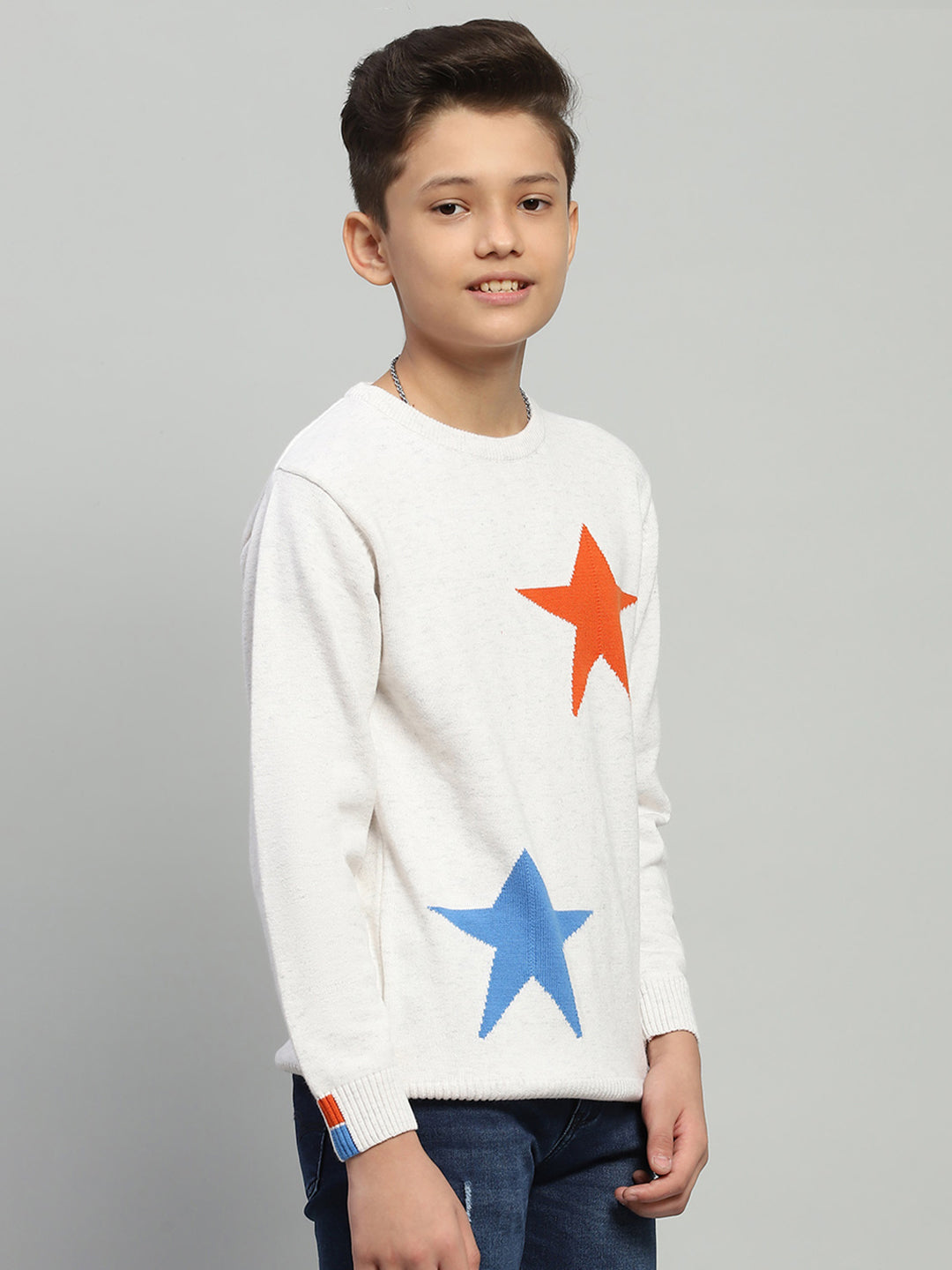 Boys White Self Design Round Neck Full Sleeve Pullover