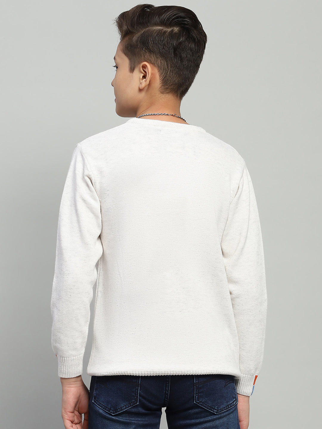 Boys White Self Design Round Neck Full Sleeve Pullover