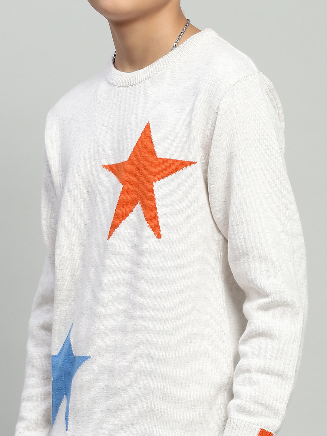 Boys White Self Design Round Neck Full Sleeve Pullover