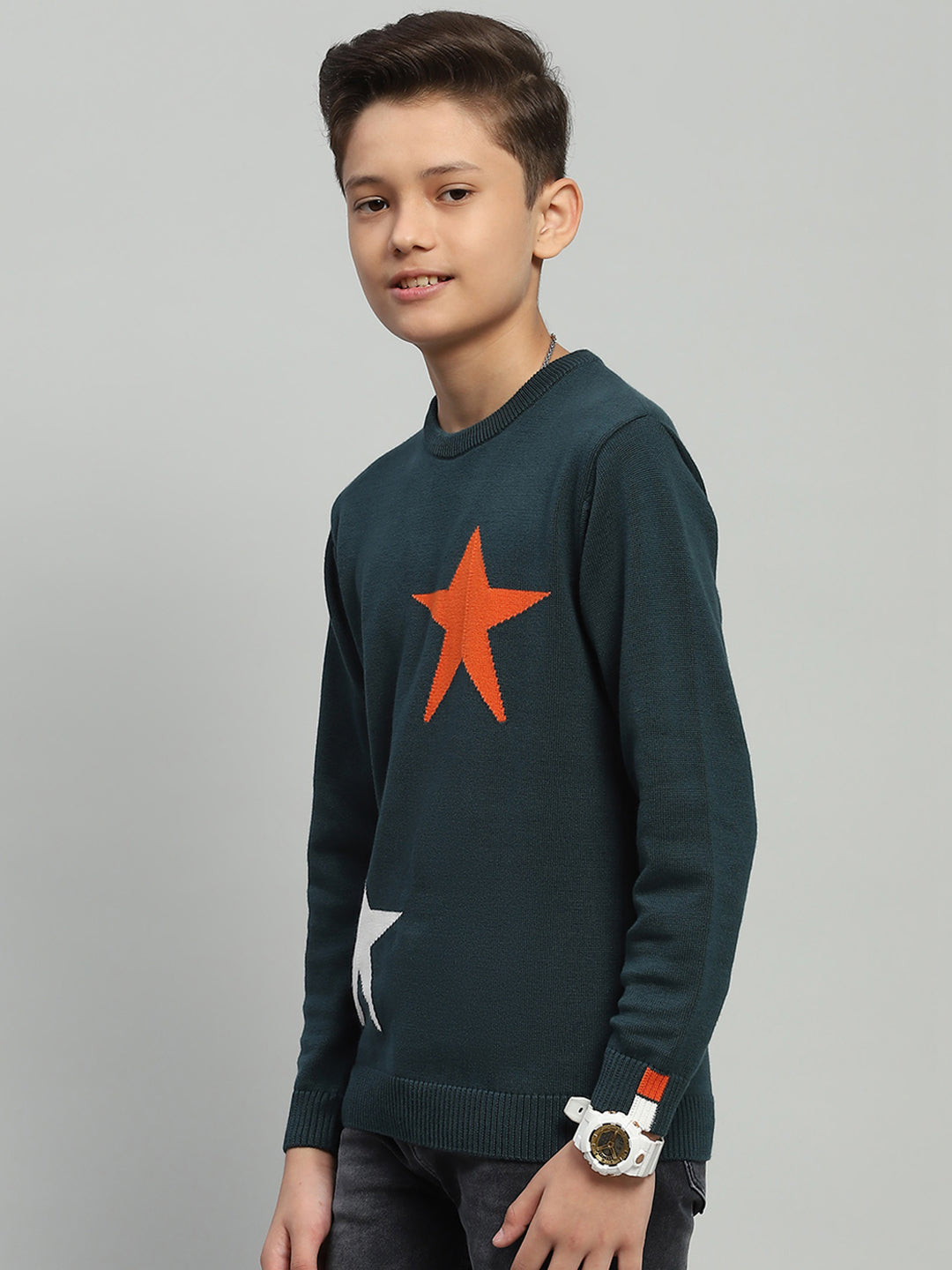 Boys Green Self Design Round Neck Full Sleeve Pullover
