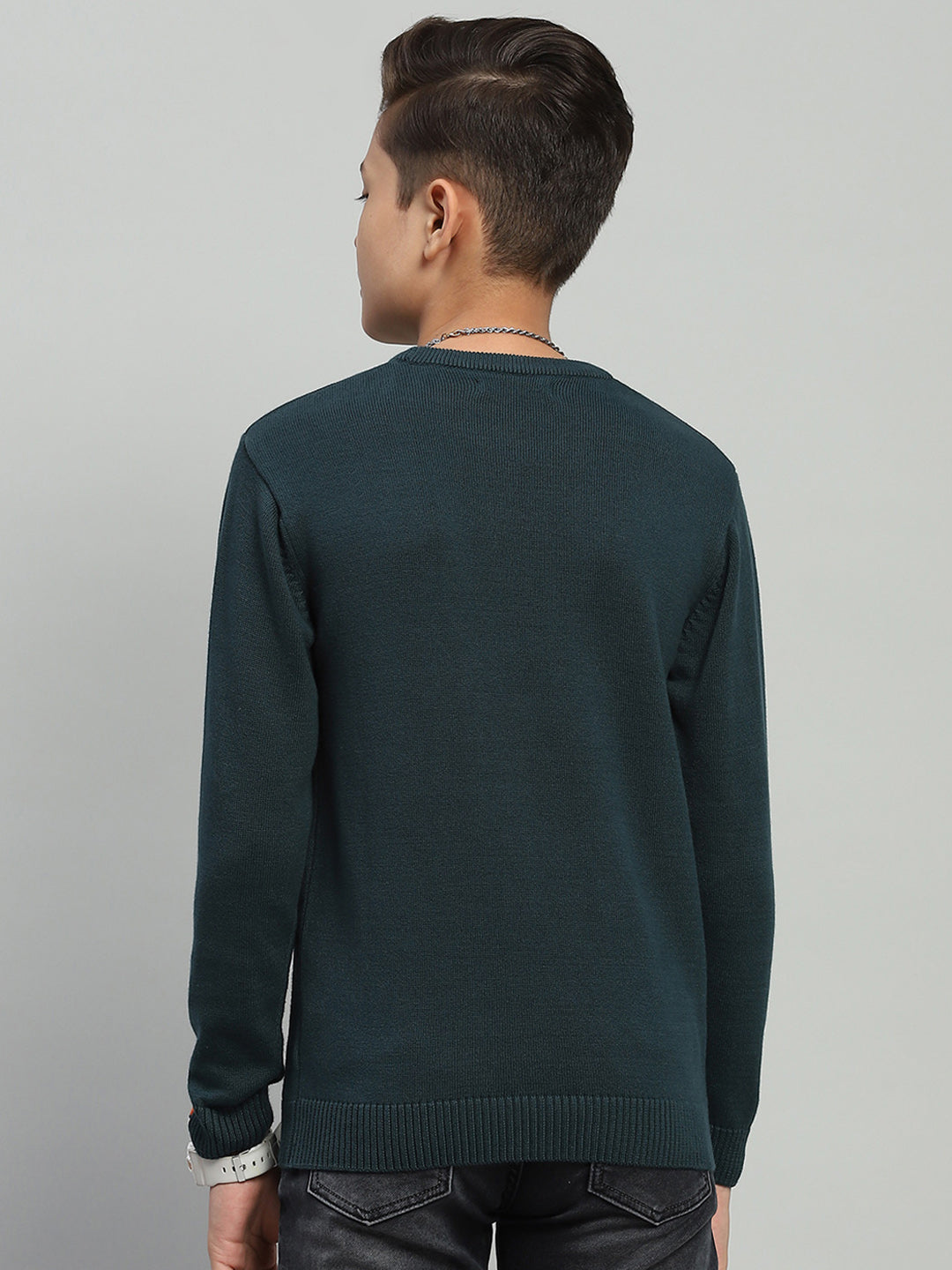 Boys Green Self Design Round Neck Full Sleeve Pullover