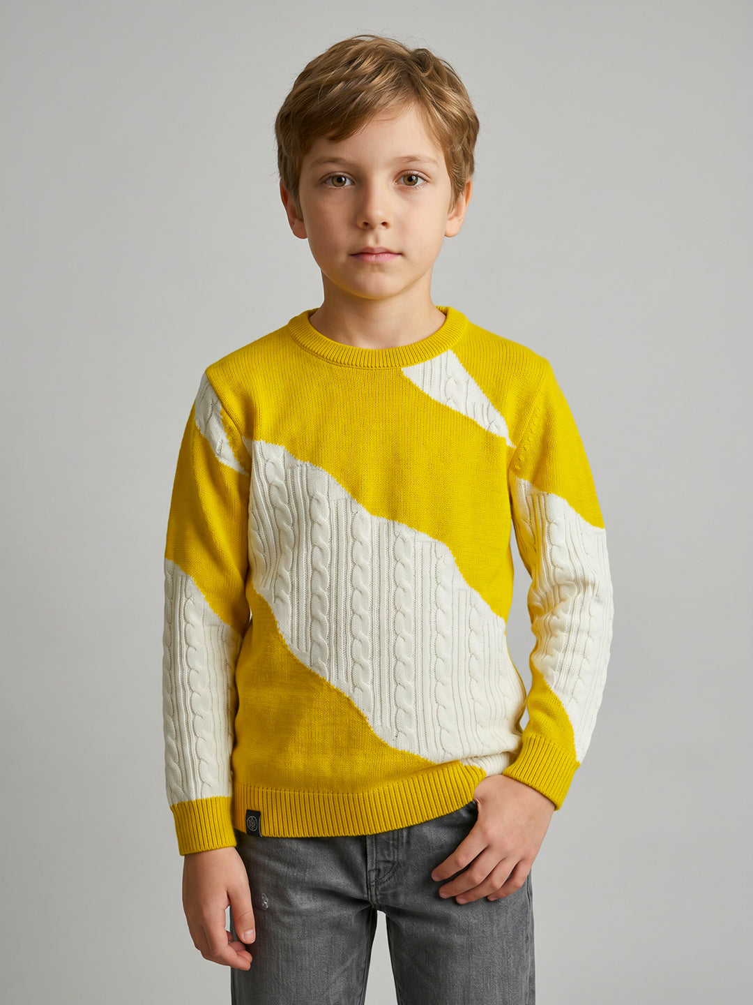 Boys Mustard Self Design Round Neck Full Sleeve Pullover