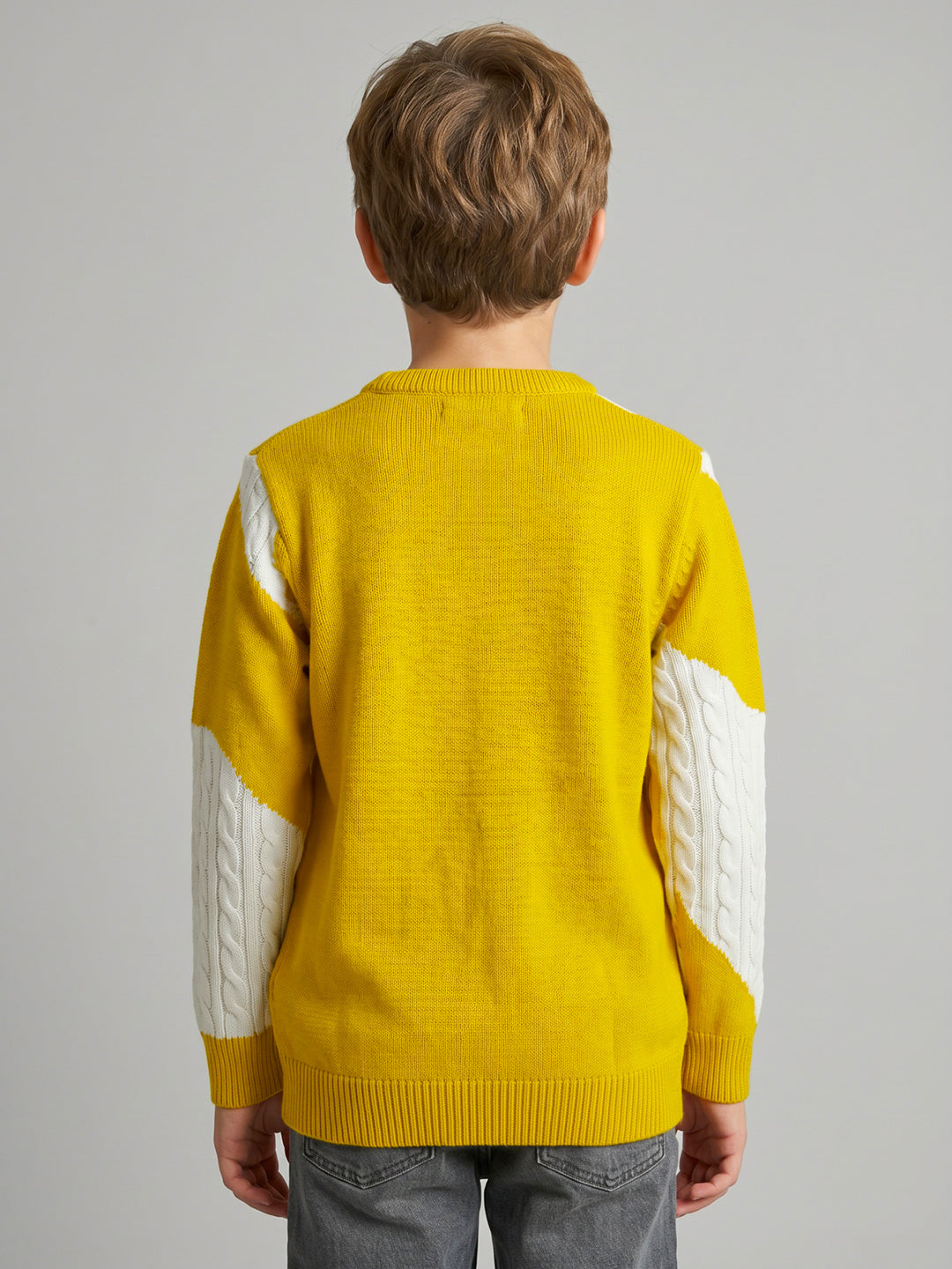 Boys Mustard Self Design Round Neck Full Sleeve Pullover