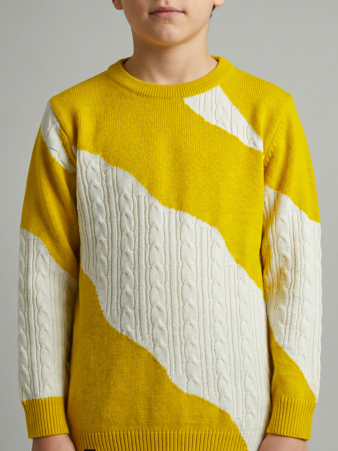 Boys Mustard Self Design Round Neck Full Sleeve Pullover