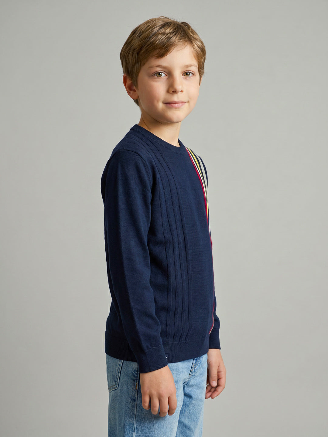 Boys Navy Blue Stripe Round Neck Full Sleeve Pullover