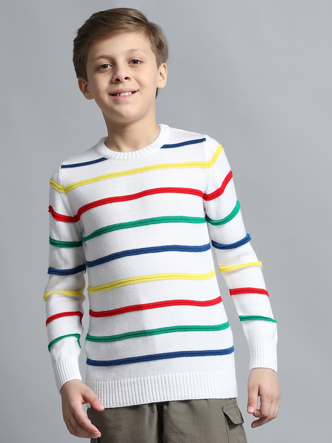 Boys White Stripe Round Neck Full Sleeve Pullover