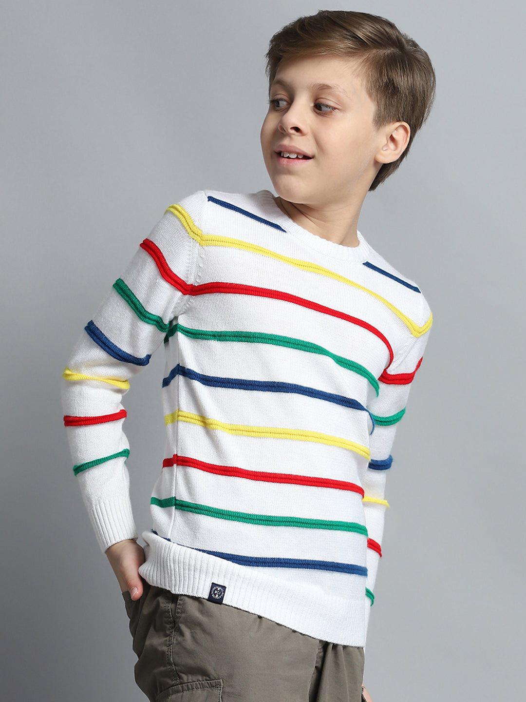 Boys White Stripe Round Neck Full Sleeve Pullover