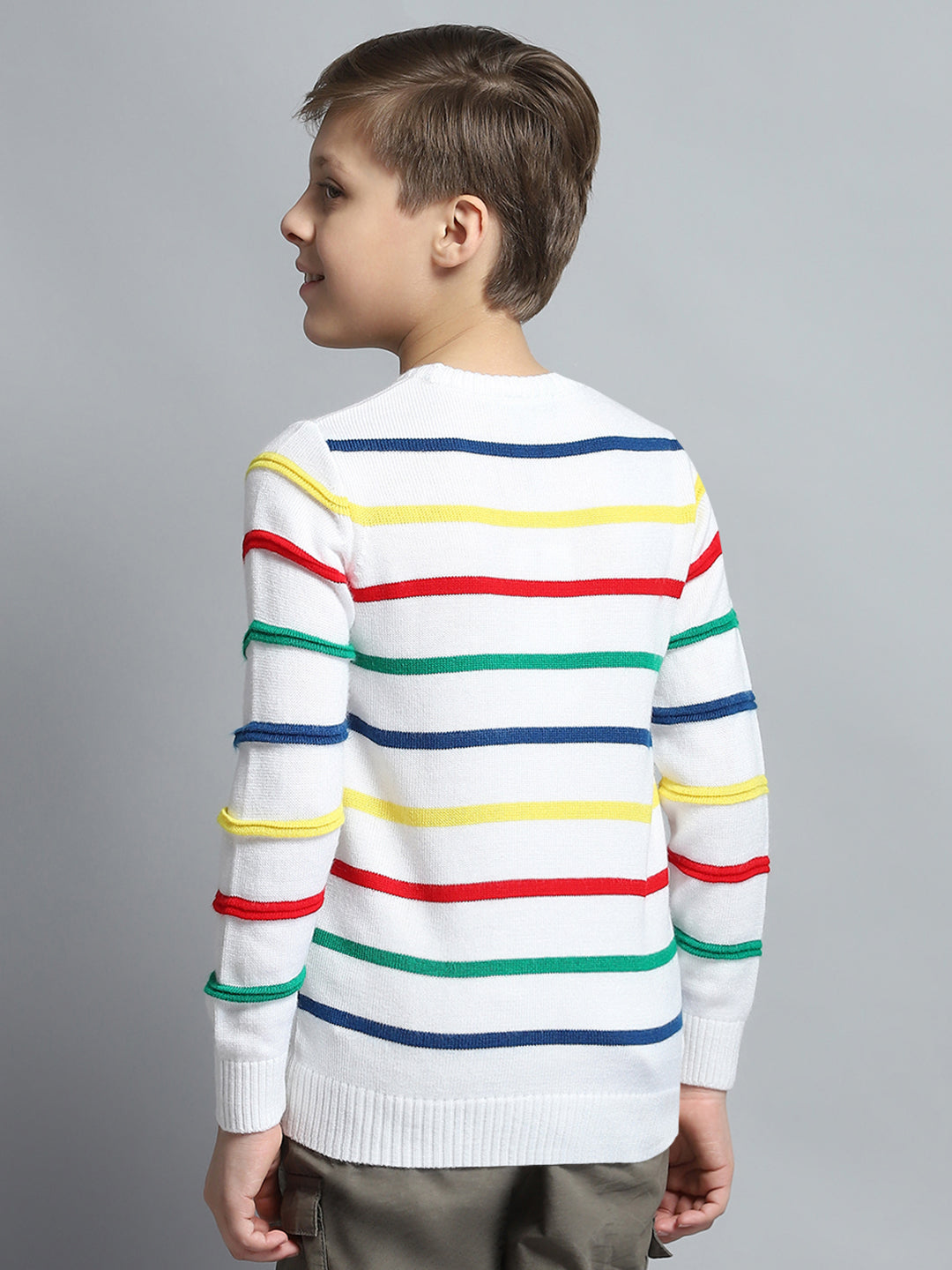 Boys White Stripe Round Neck Full Sleeve Pullover