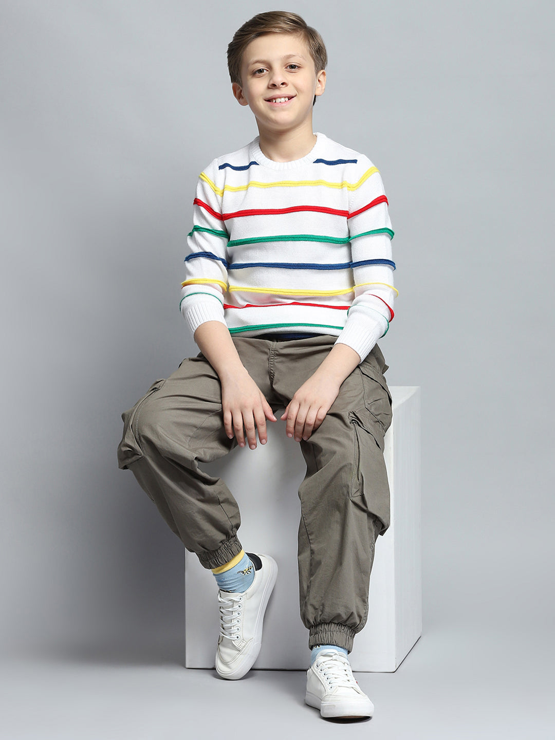 Boys White Stripe Round Neck Full Sleeve Pullover