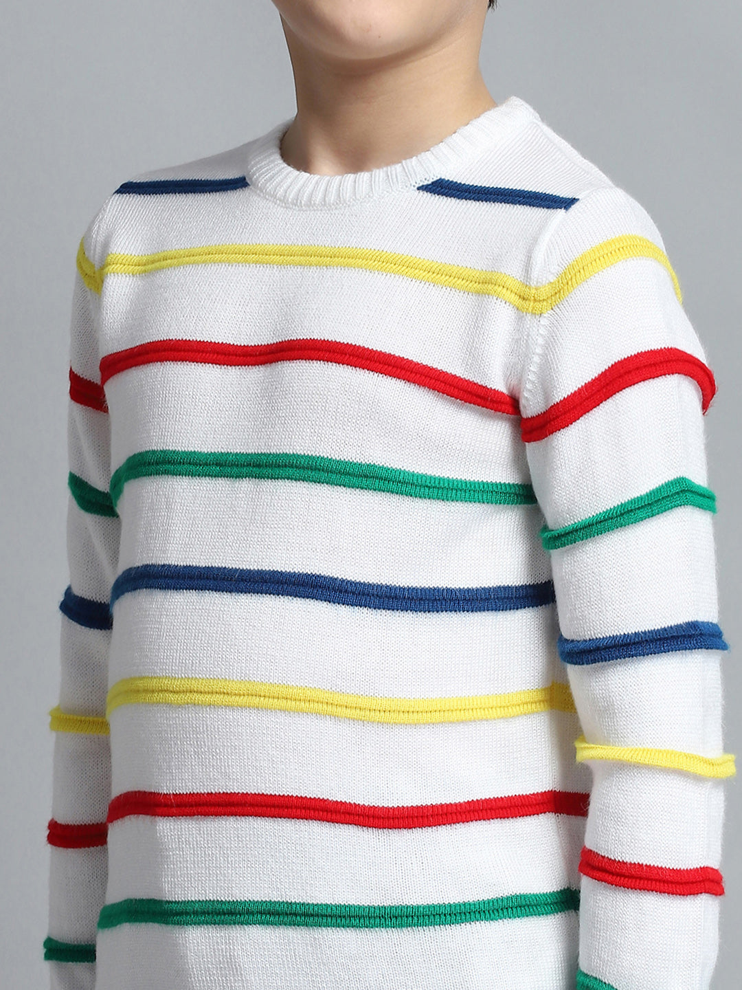 Boys White Stripe Round Neck Full Sleeve Pullover