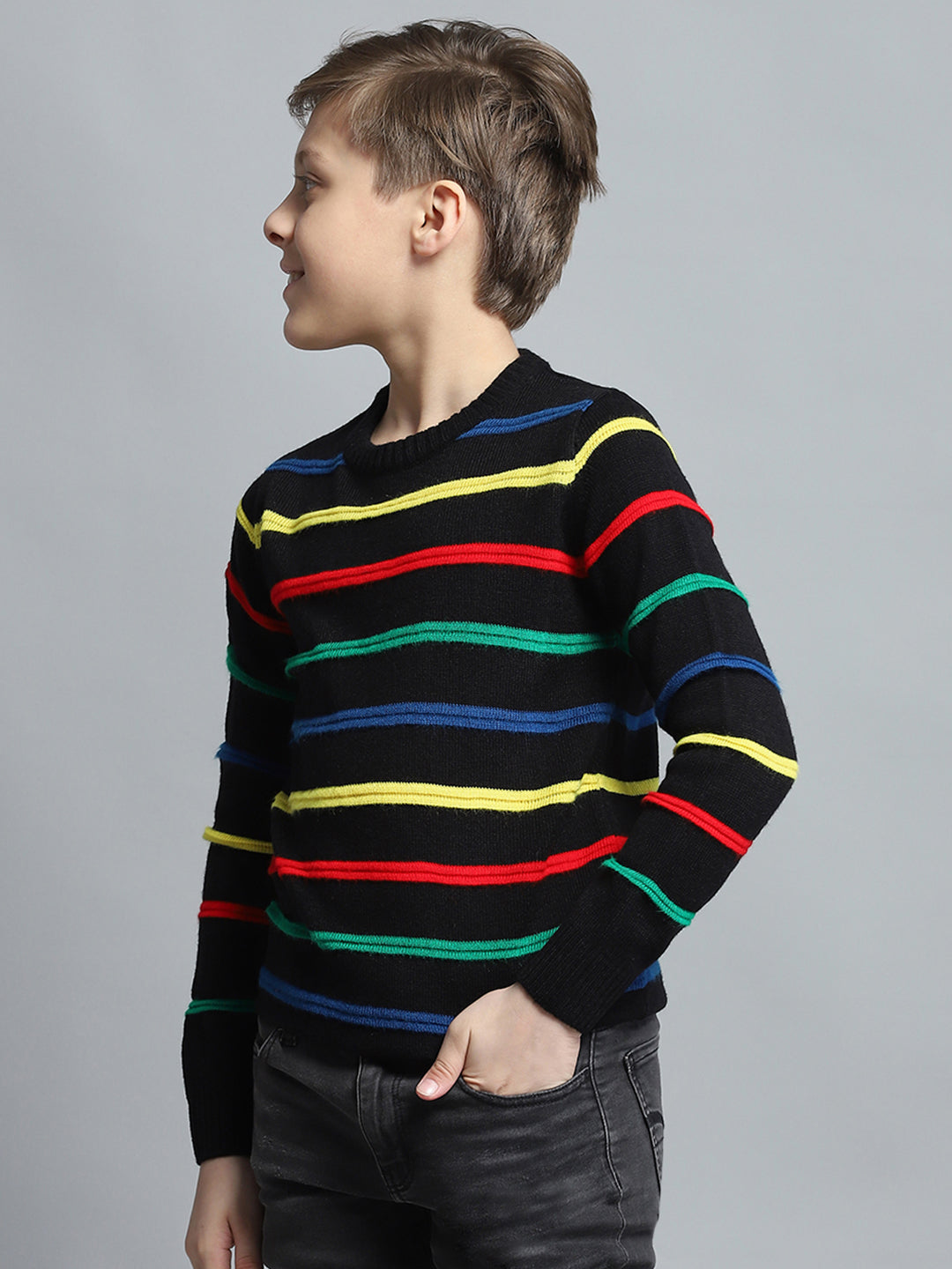 Boys Black Stripe Round Neck Full Sleeve Pullover
