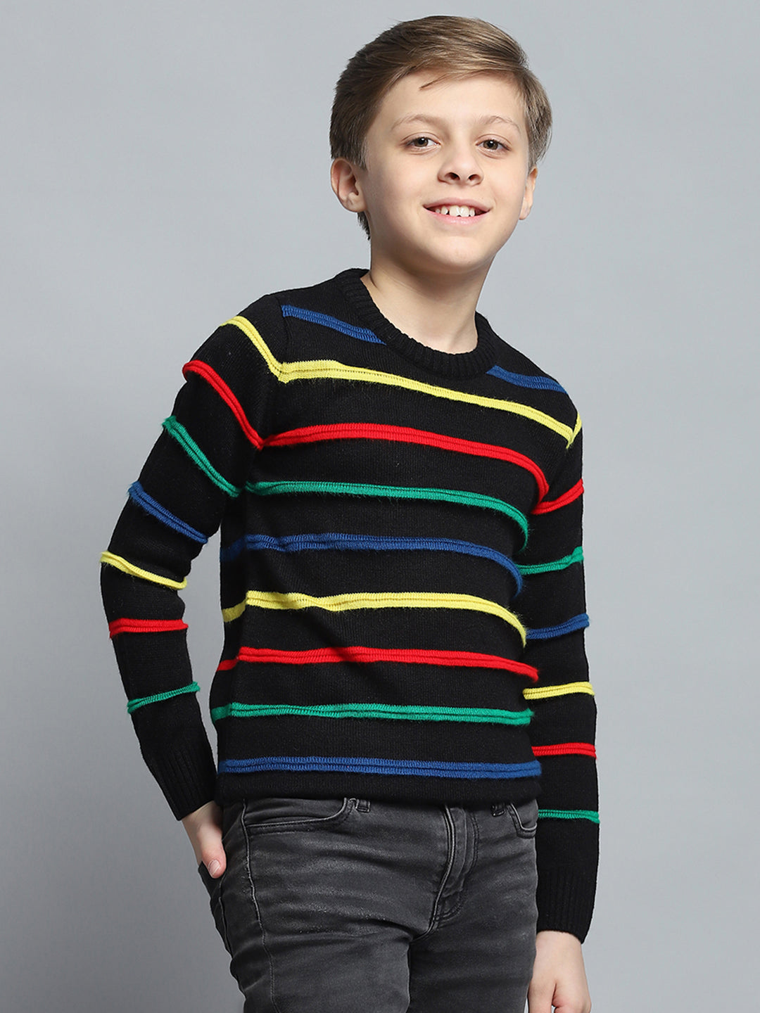 Boys Black Stripe Round Neck Full Sleeve Pullover