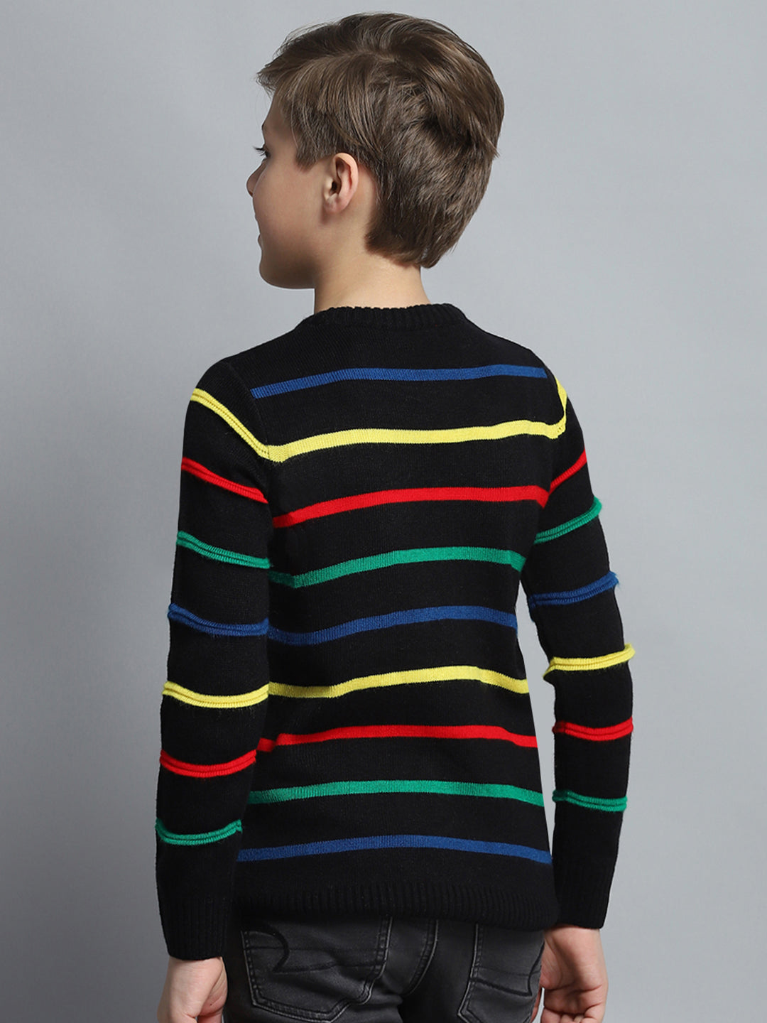 Boys Black Stripe Round Neck Full Sleeve Pullover