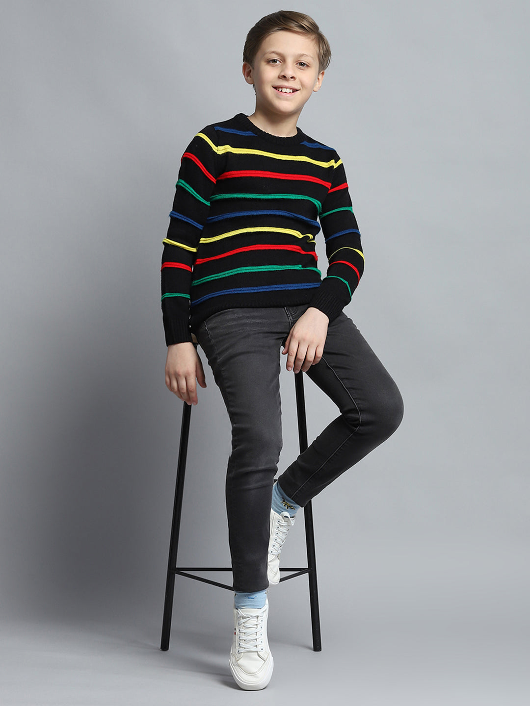 Boys Black Stripe Round Neck Full Sleeve Pullover