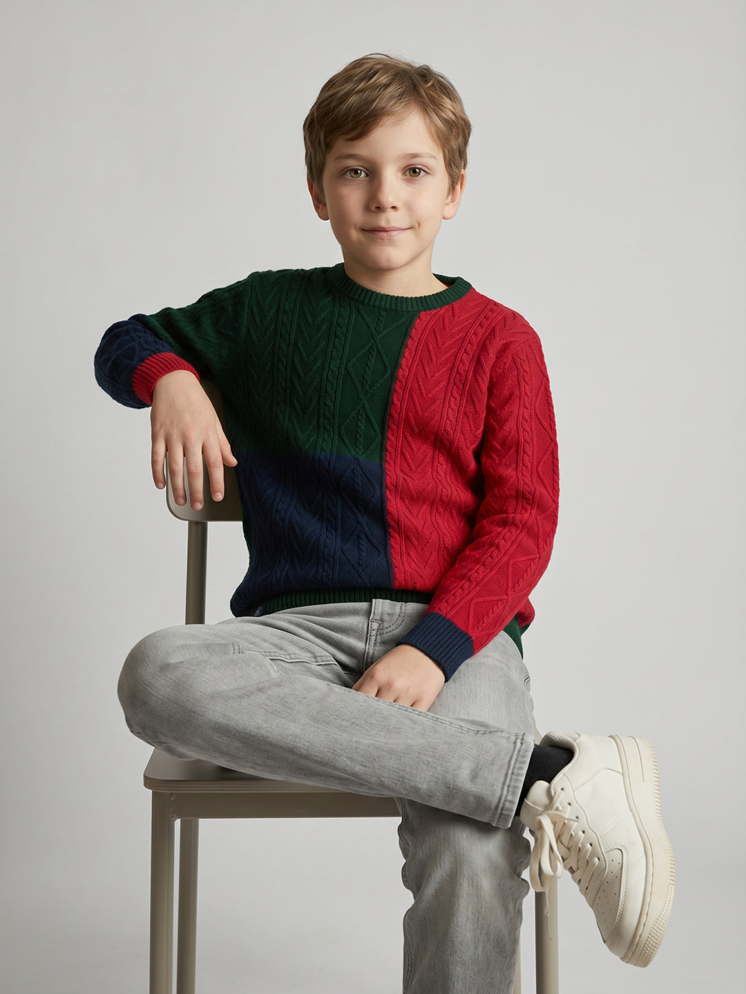 Boys Green Self Design Round Neck Full Sleeve Pullover