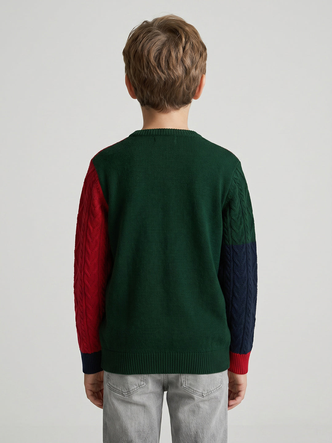 Boys Green Self Design Round Neck Full Sleeve Pullover