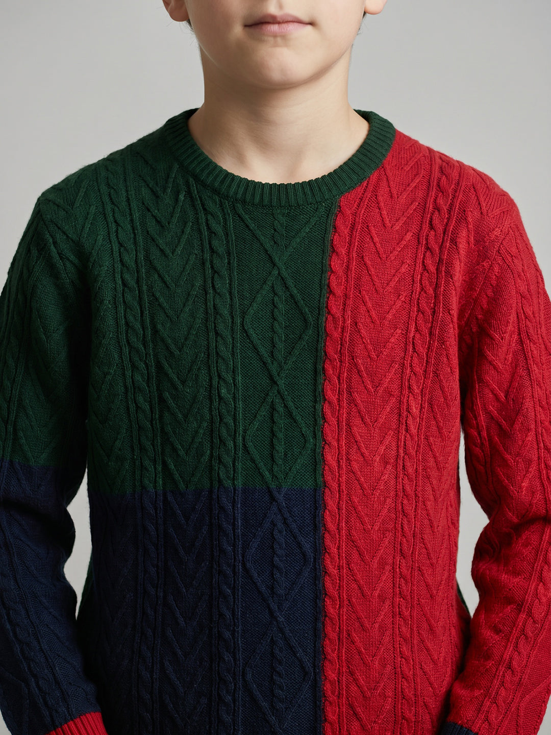 Boys Green Self Design Round Neck Full Sleeve Pullover