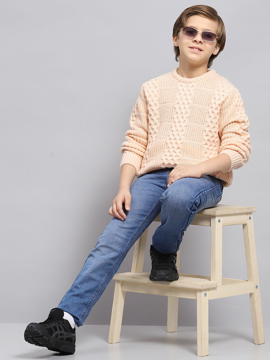 Boys Peach Self Design Round Neck Full Sleeve Pullover