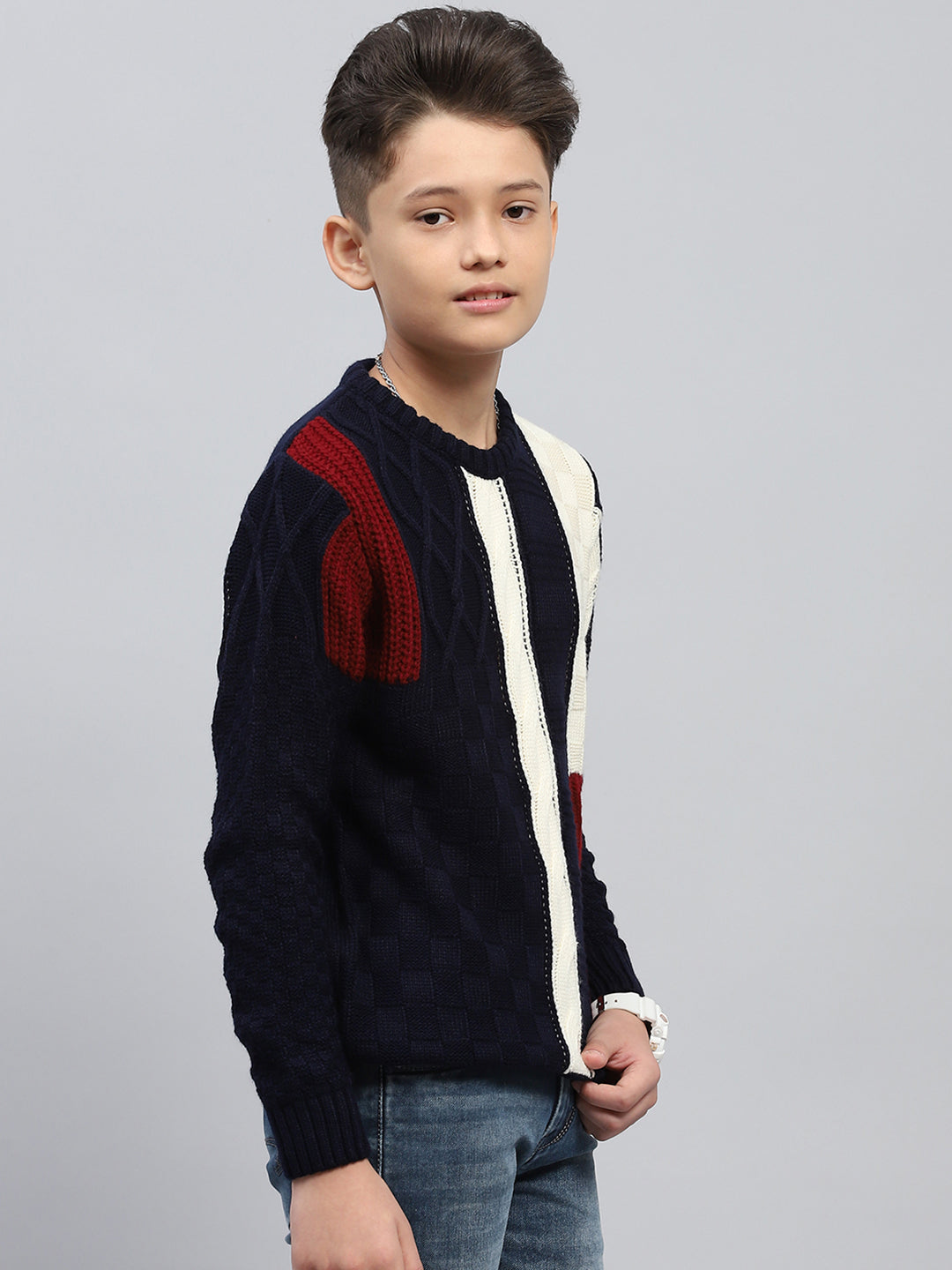 Boys Navy Blue Self Design Round Neck Full Sleeve Pullover