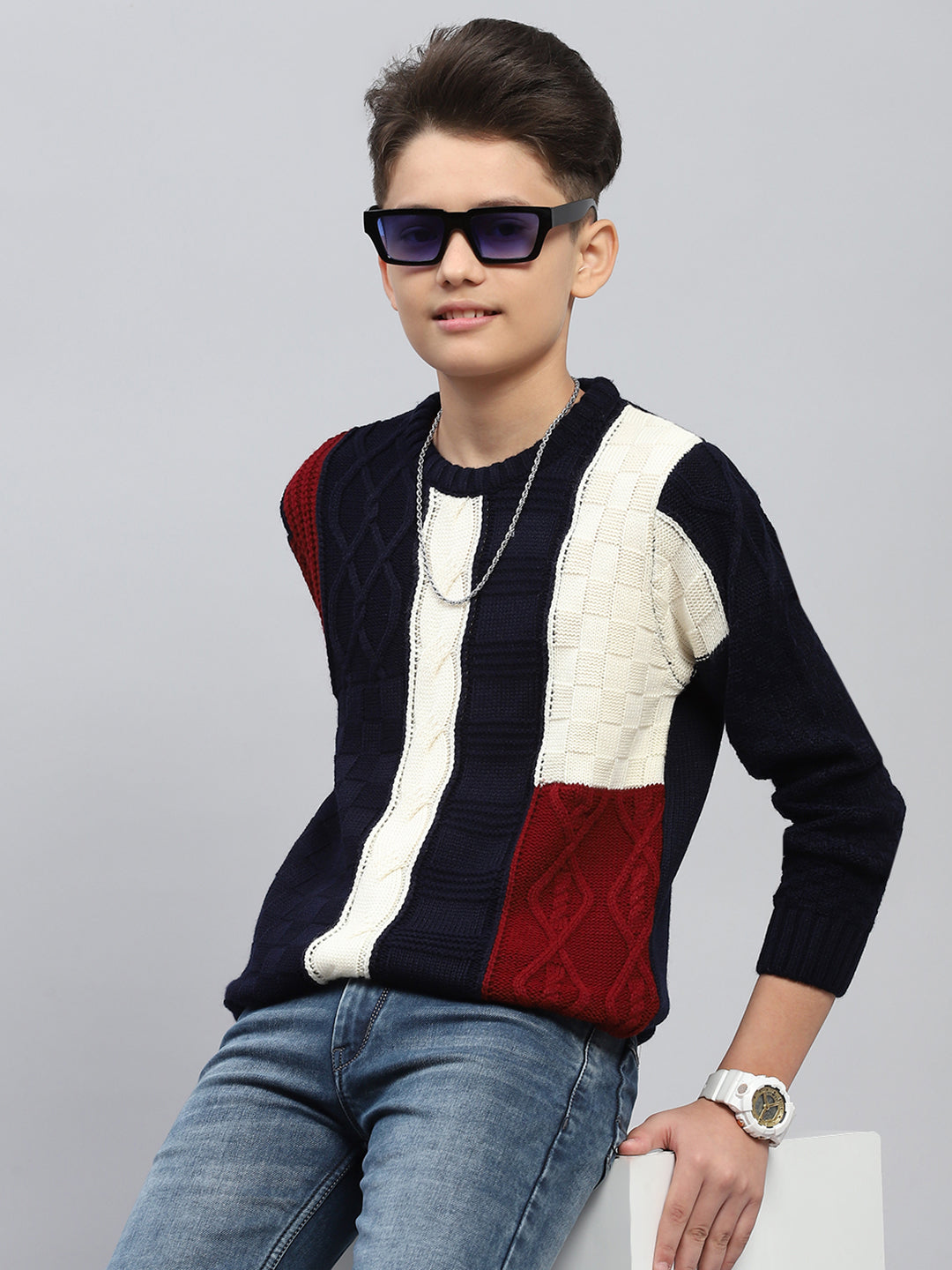 Boys Navy Blue Self Design Round Neck Full Sleeve Pullover