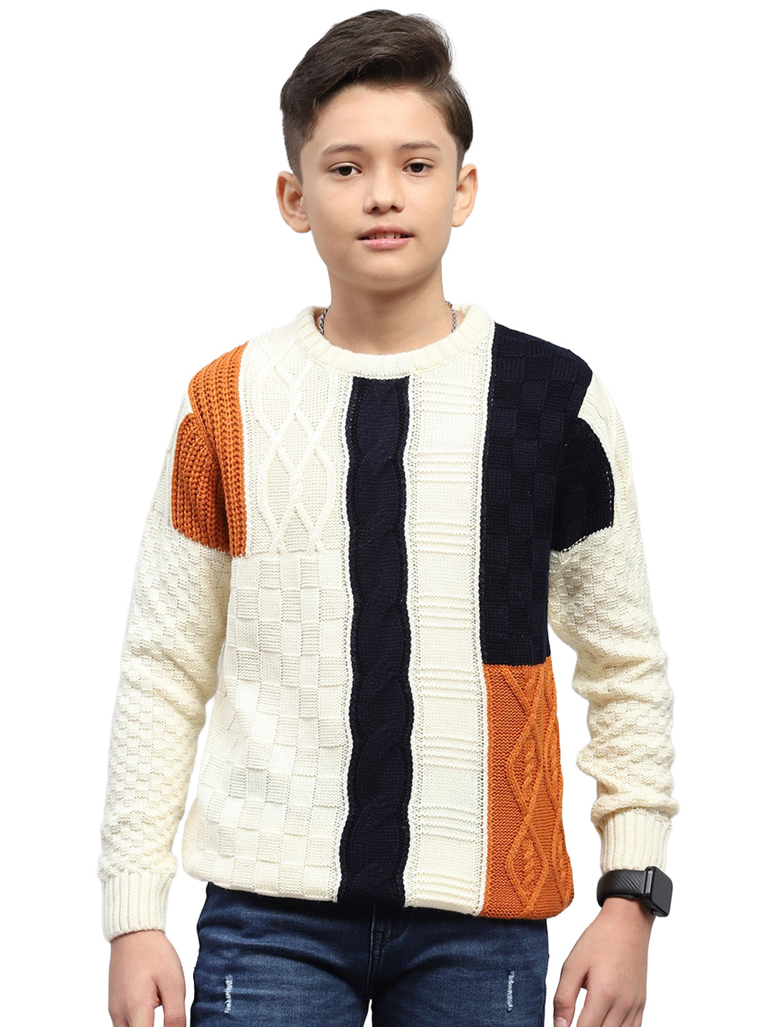 Boys White Self Design Round Neck Full Sleeve Pullover