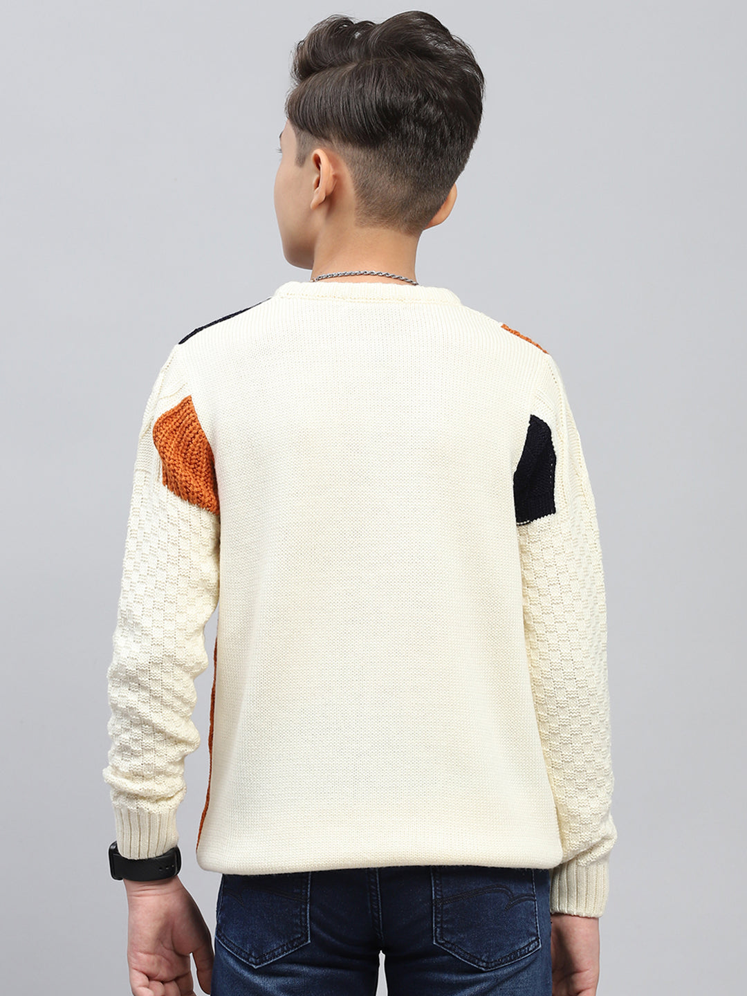 Boys White Self Design Round Neck Full Sleeve Pullover