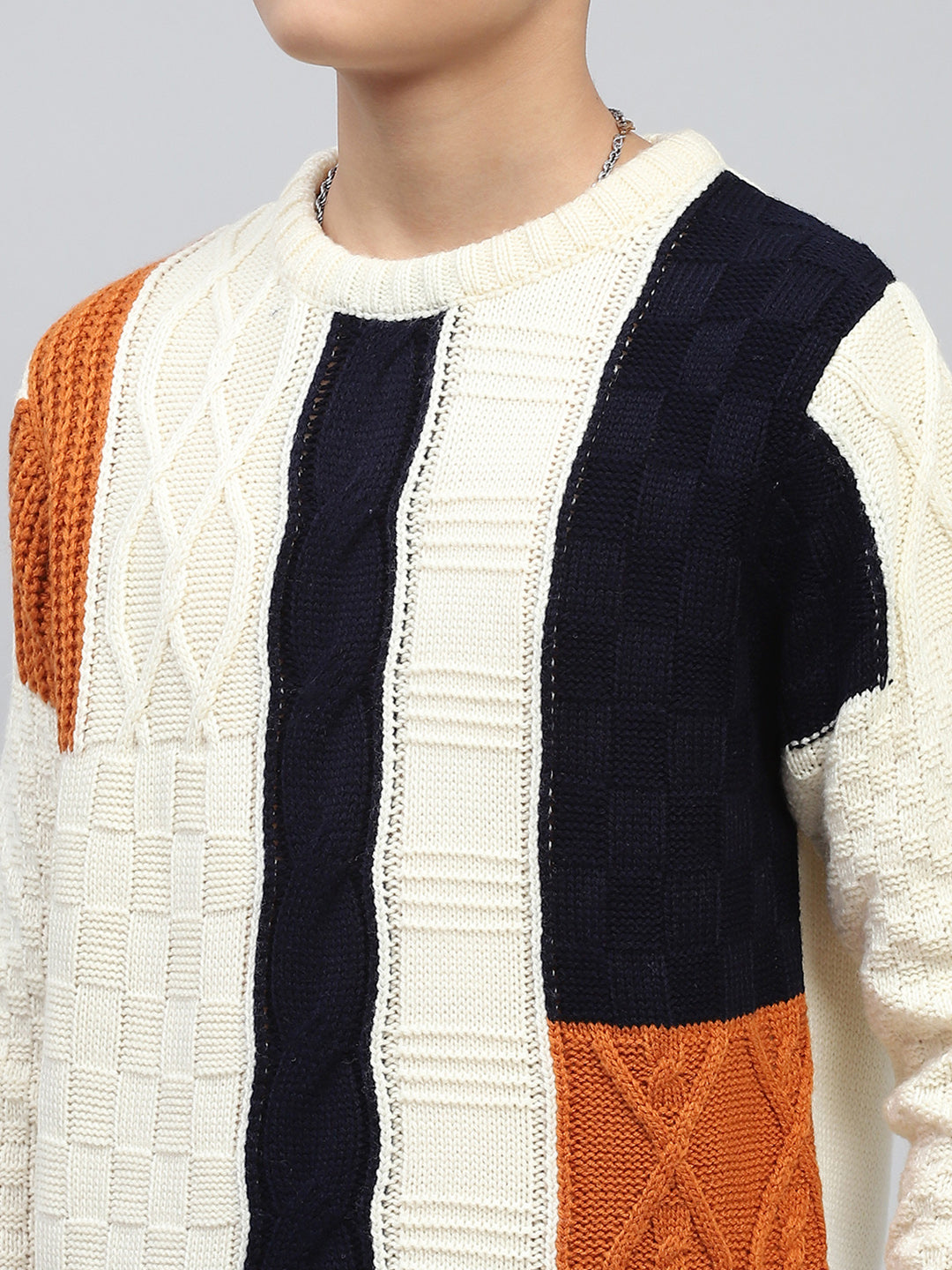 Boys White Self Design Round Neck Full Sleeve Pullover
