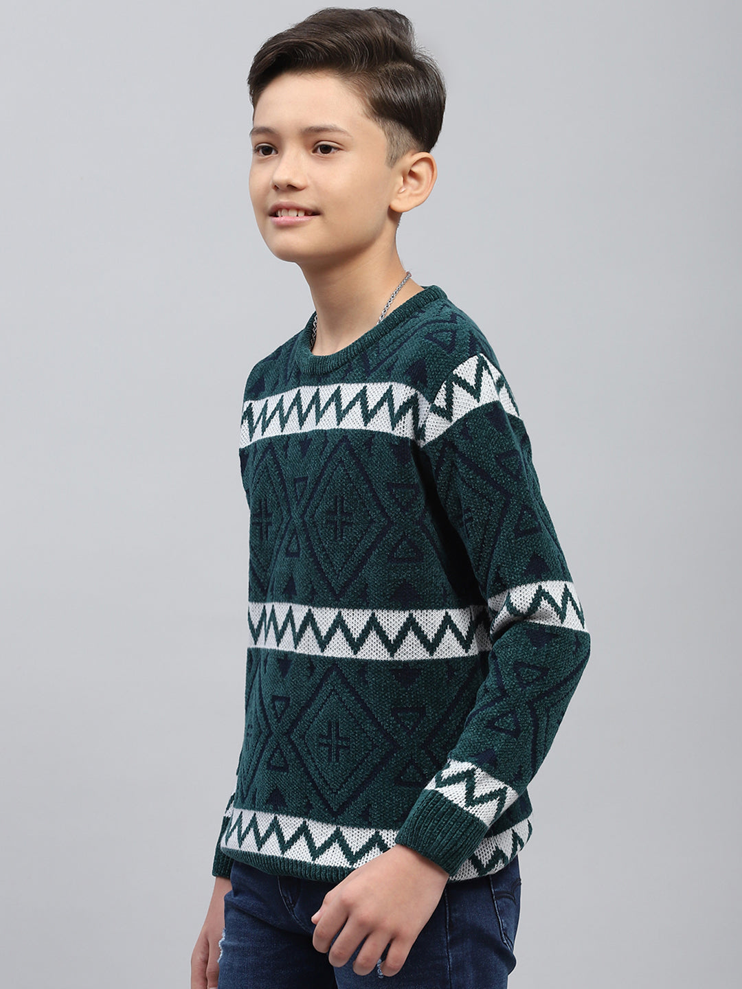 Boys Green Jacquard Round Neck Full Sleeve Pullover