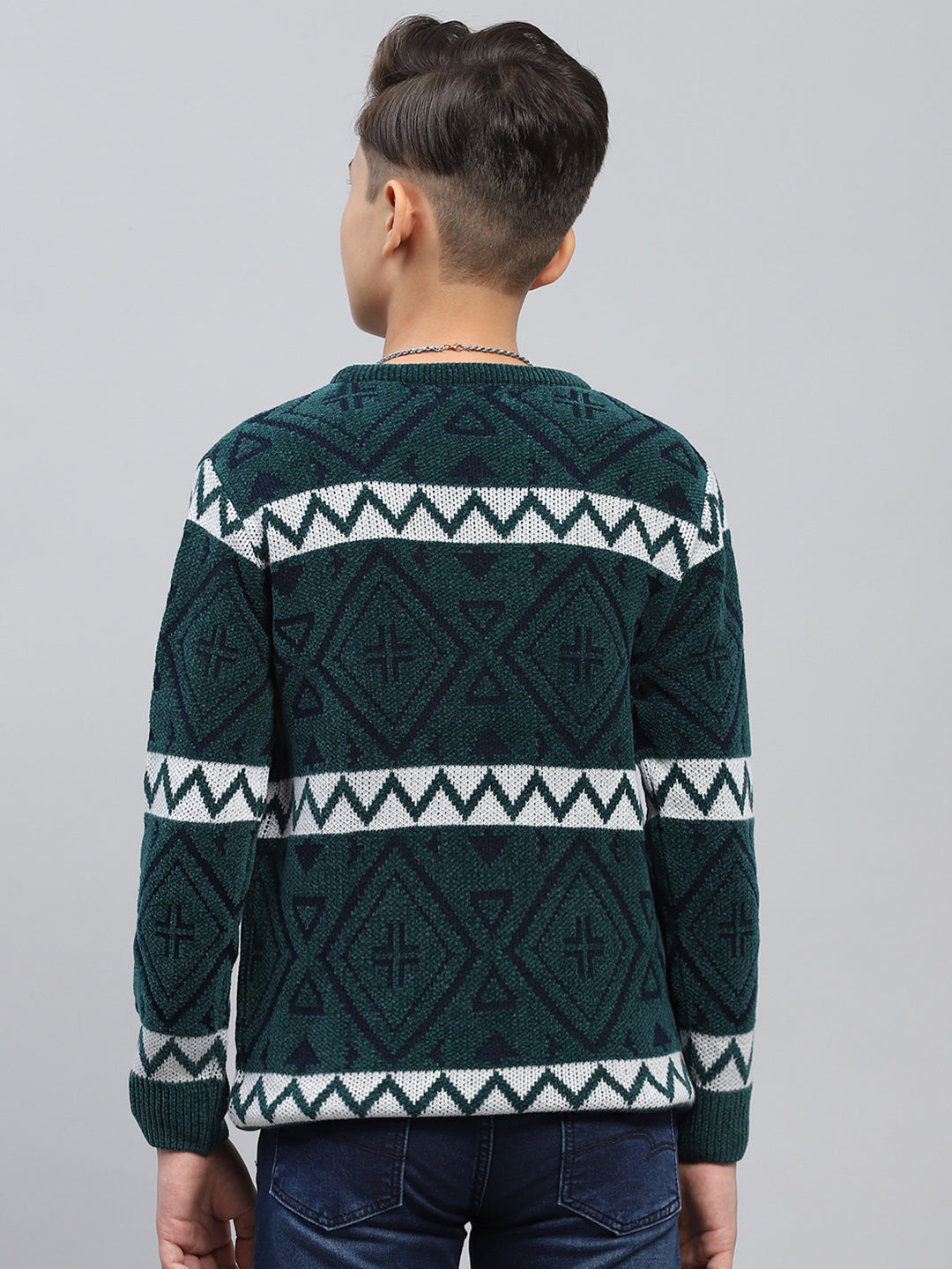 Boys Green Jacquard Round Neck Full Sleeve Pullover