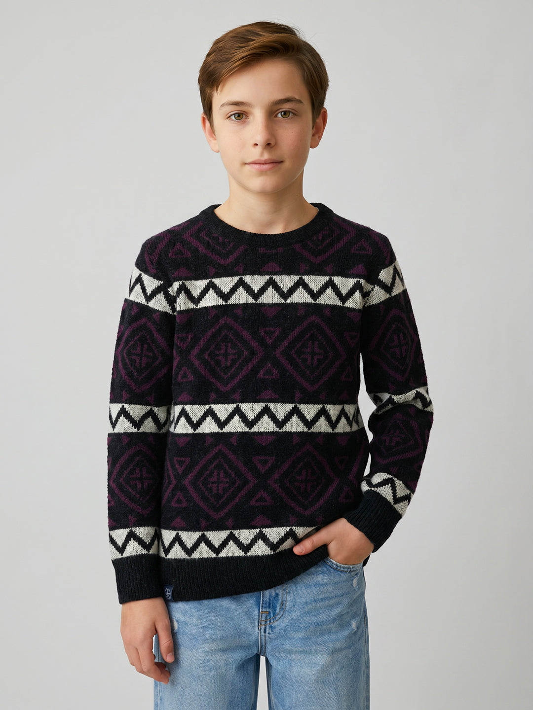 Boys Black Jacquard Round Neck Full Sleeve Pullover