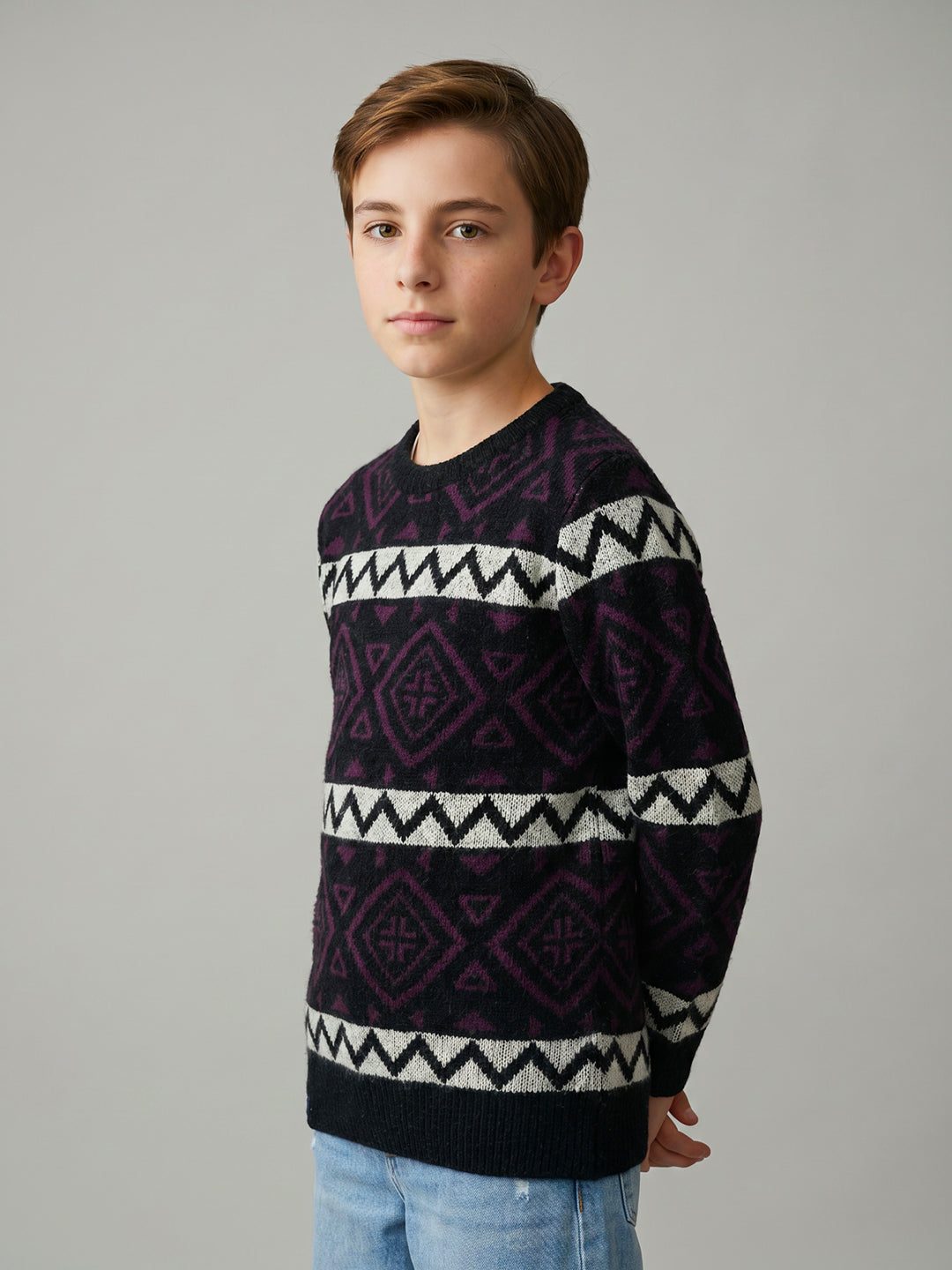 Boys Black Jacquard Round Neck Full Sleeve Pullover