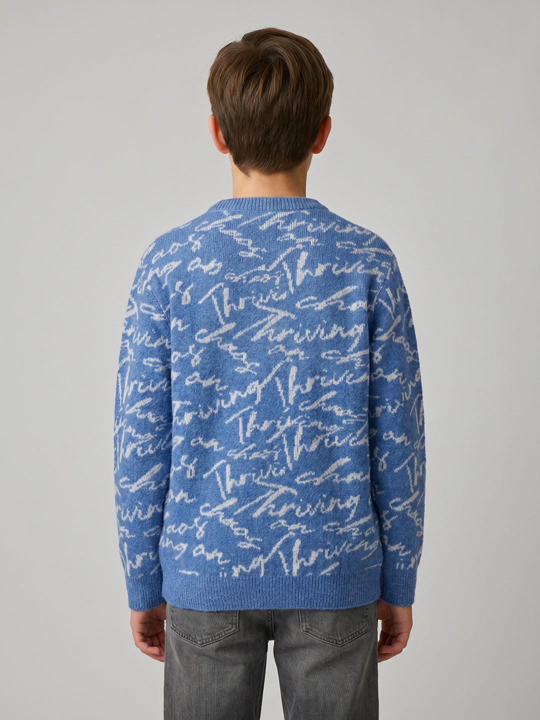 Boys Blue Self Design Round Neck Full Sleeve Pullover