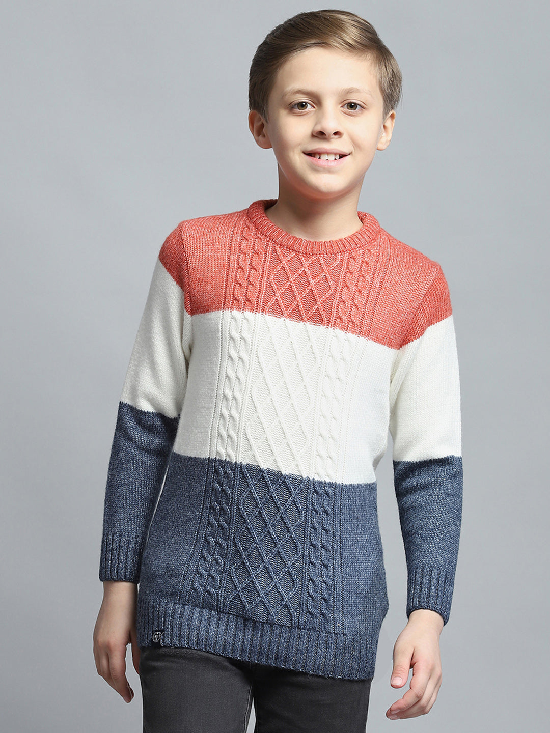 Boys Navy Blue & White Self Design Round Neck Full Sleeve Pullover
