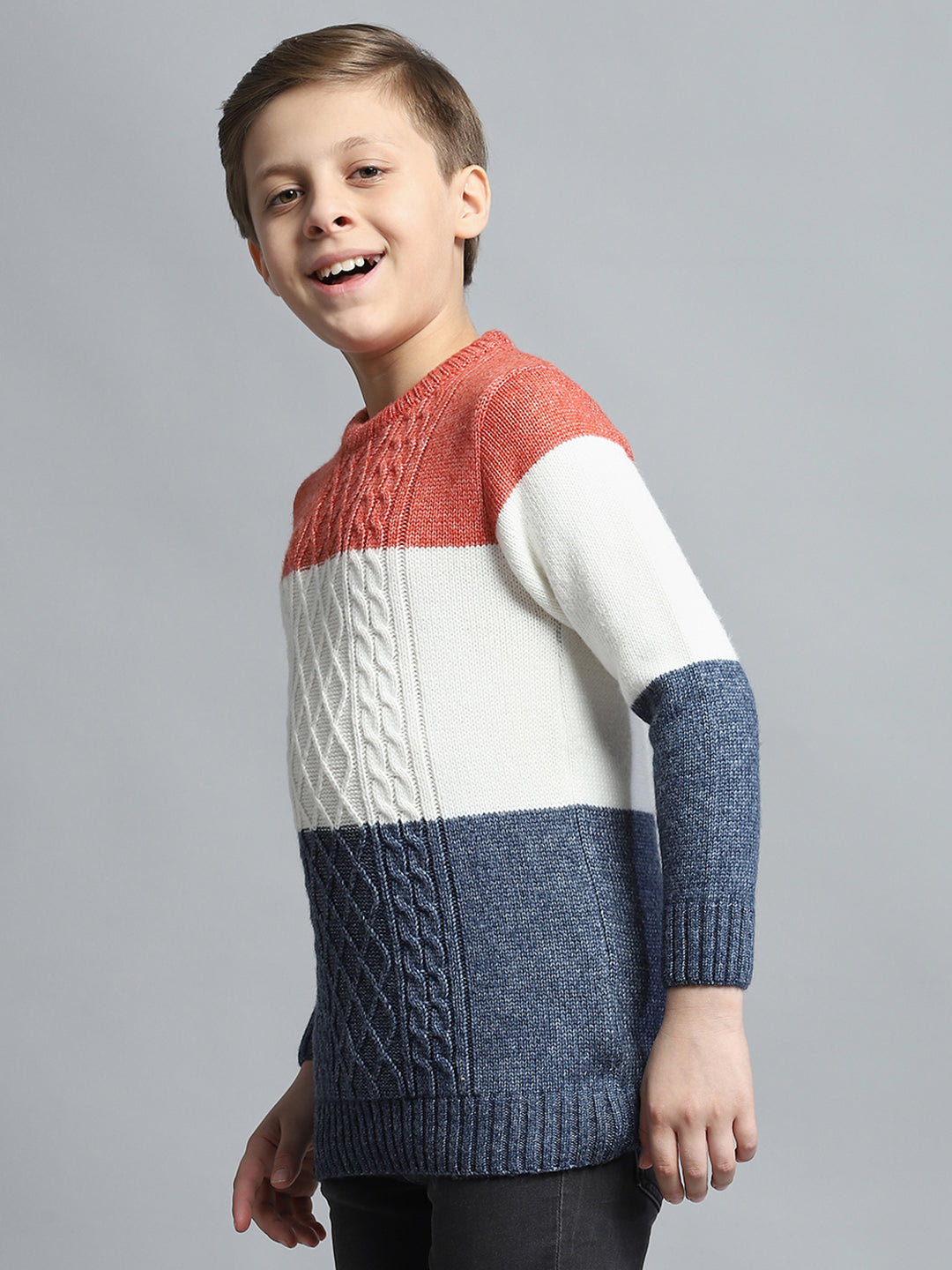 Boys Navy Blue & White Self Design Round Neck Full Sleeve Pullover