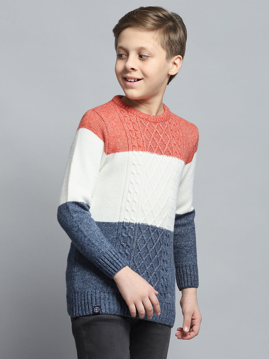 Boys Navy Blue & White Self Design Round Neck Full Sleeve Pullover