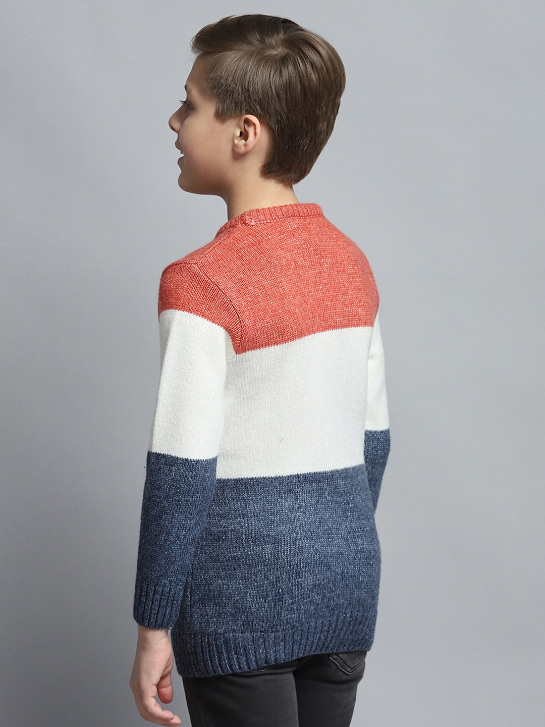 Boys Navy Blue & White Self Design Round Neck Full Sleeve Pullover