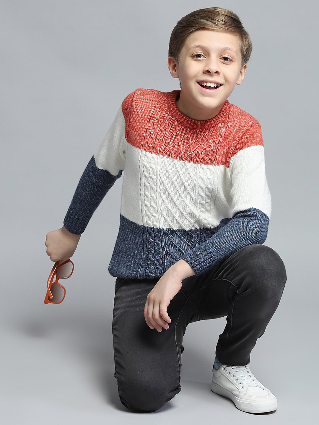 Boys Navy Blue & White Self Design Round Neck Full Sleeve Pullover