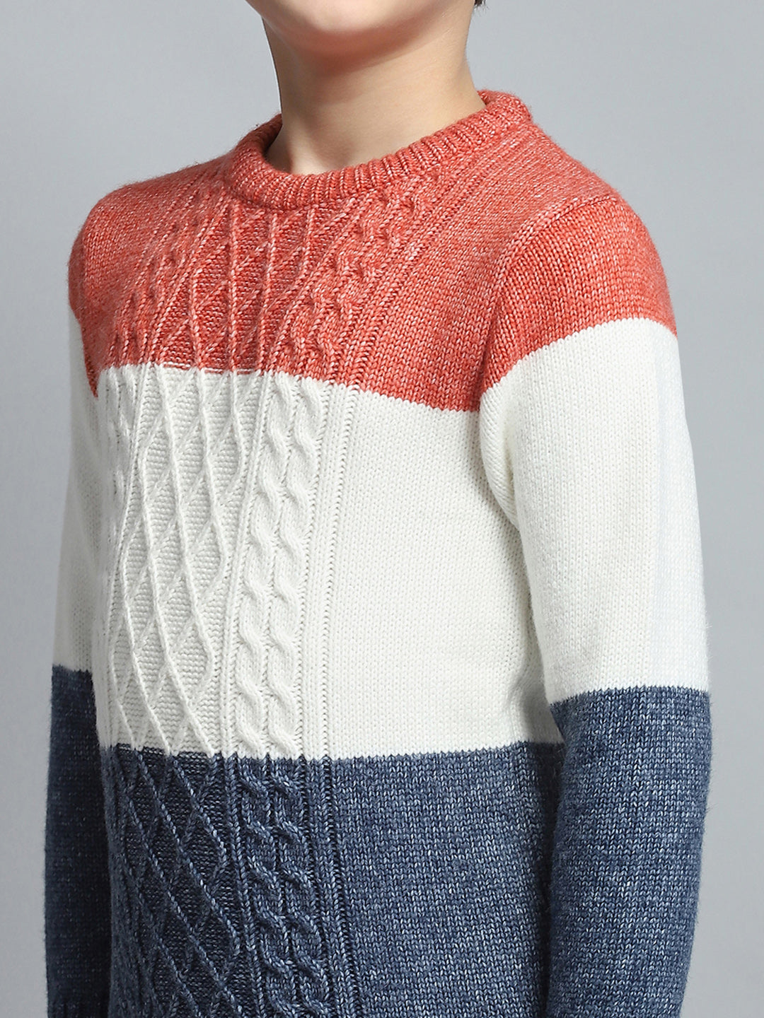 Boys Navy Blue & White Self Design Round Neck Full Sleeve Pullover