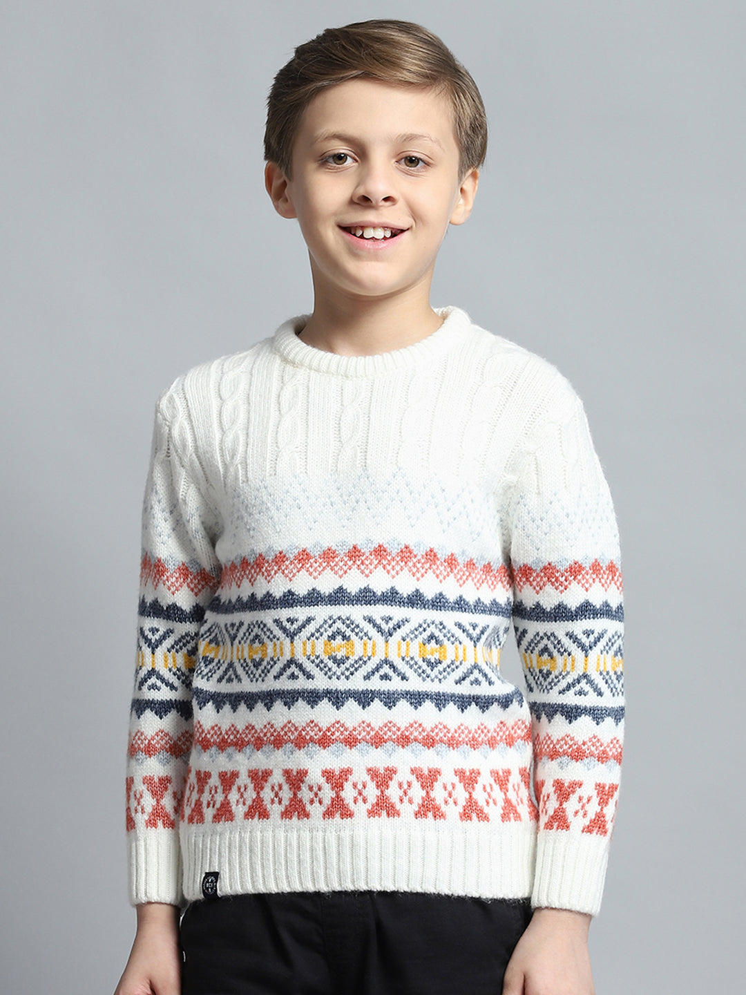 Boys Off White Self Design Round Neck Full Sleeve Pullover
