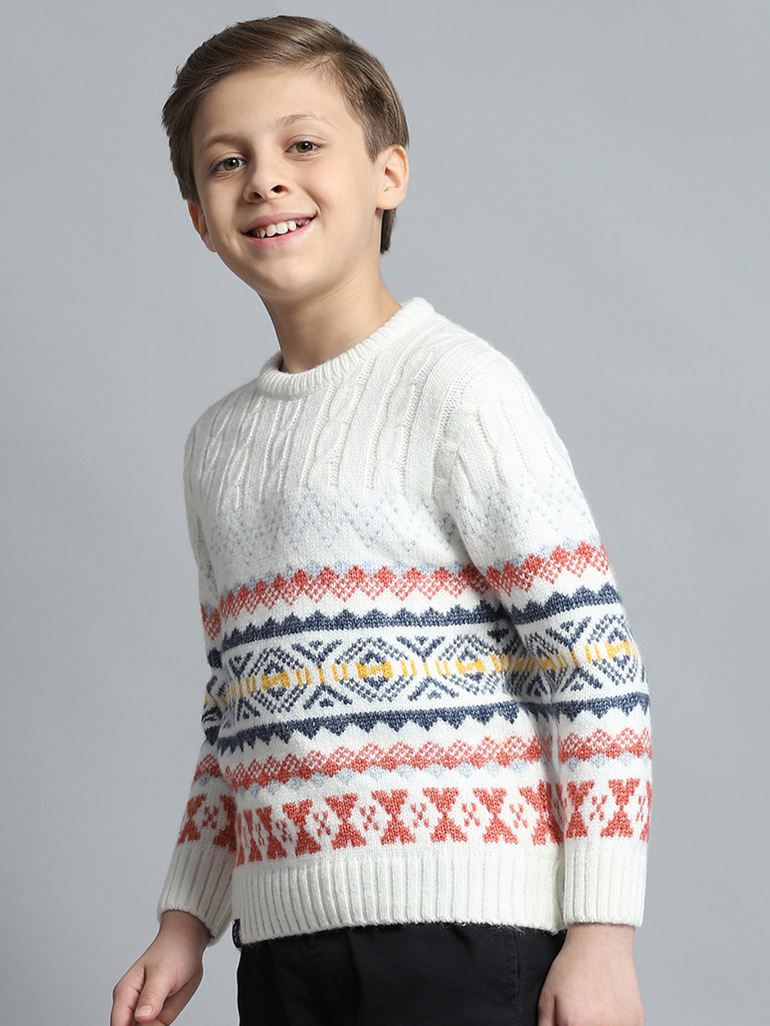 Boys Off White Self Design Round Neck Full Sleeve Pullover