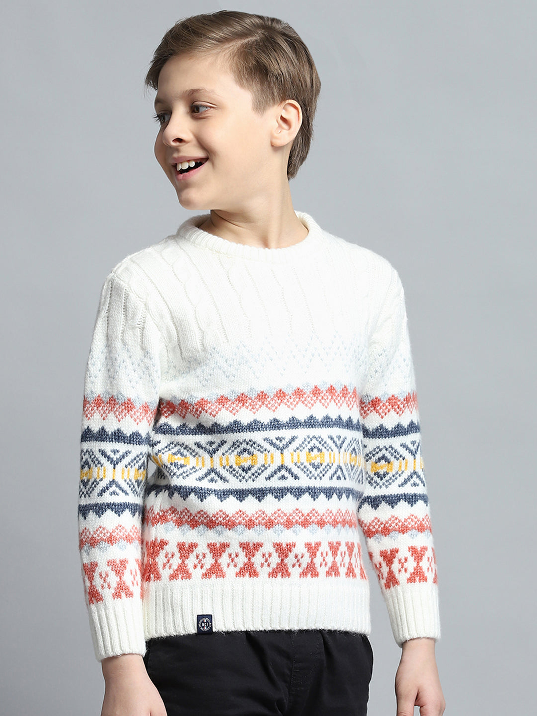 Boys Off White Self Design Round Neck Full Sleeve Pullover