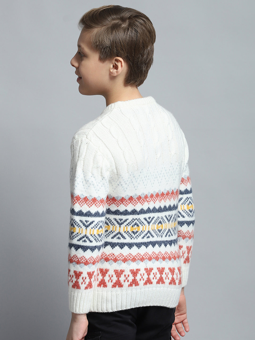 Boys Off White Self Design Round Neck Full Sleeve Pullover