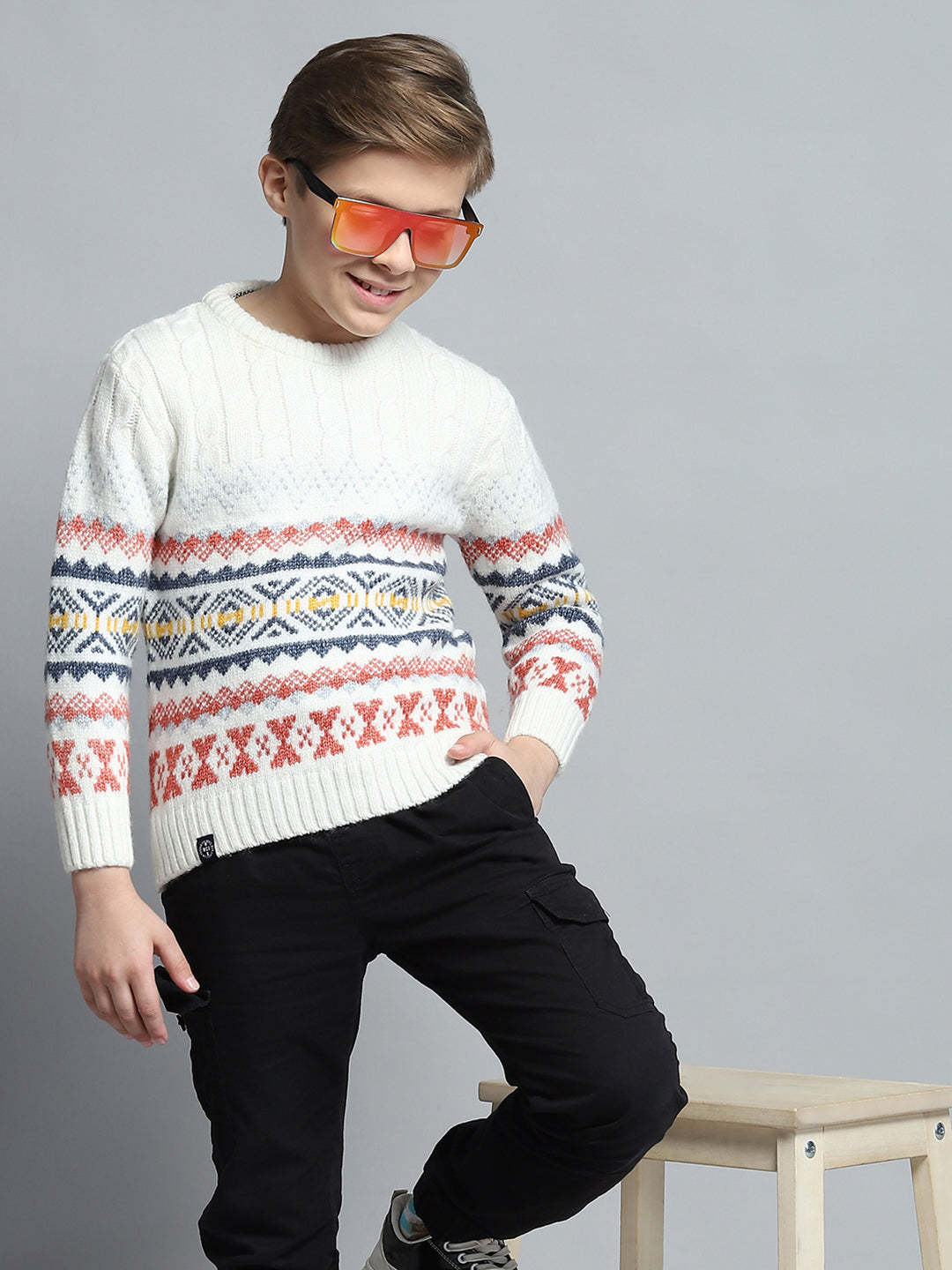 Boys Off White Self Design Round Neck Full Sleeve Pullover