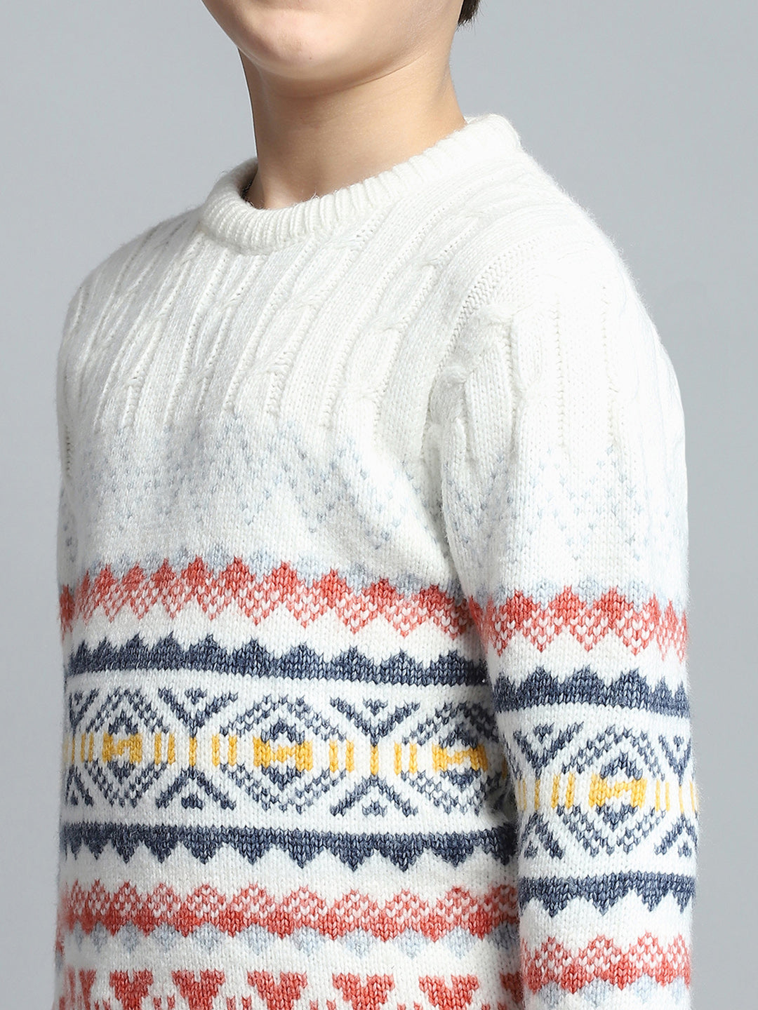 Boys Off White Self Design Round Neck Full Sleeve Pullover